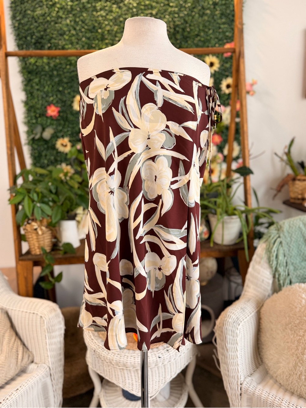 Nordstrom Strapless Floral Dress in Burgundy, Cream, Sage